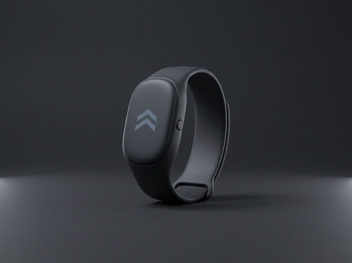 RaveSafe wristband concept render — full band with chevron on the face